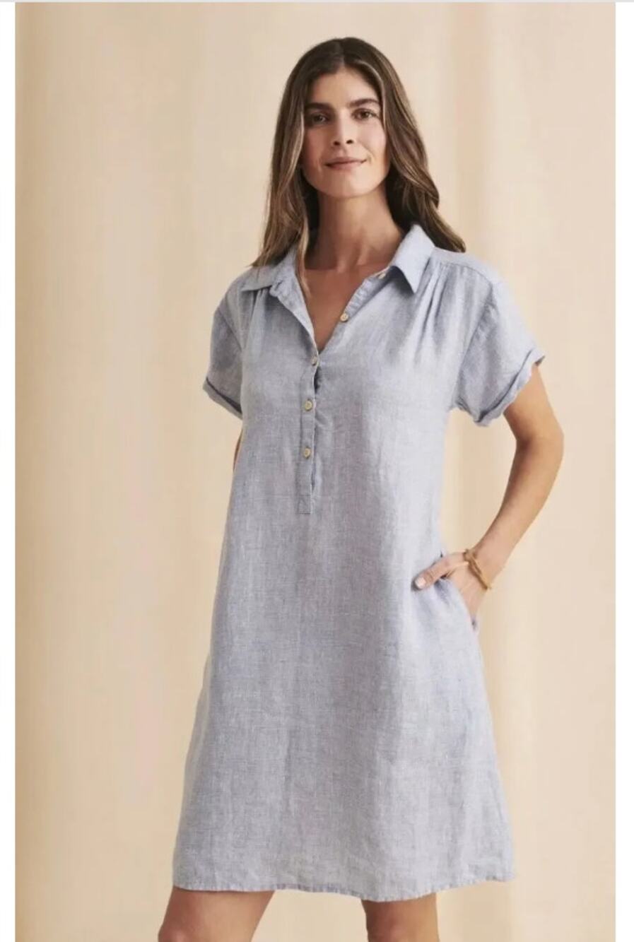 Faherty Flax Linen Hana Dress XS NWOT Blue Basket Weave White Coastal Resort